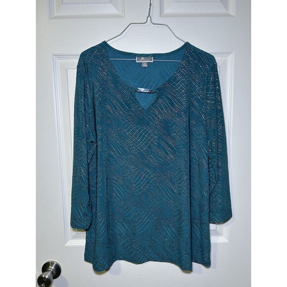JM Collections Women’s Long Sleeve Textured Sparkle Blouse Teal Size Large NWOT - Picture 1 of 8